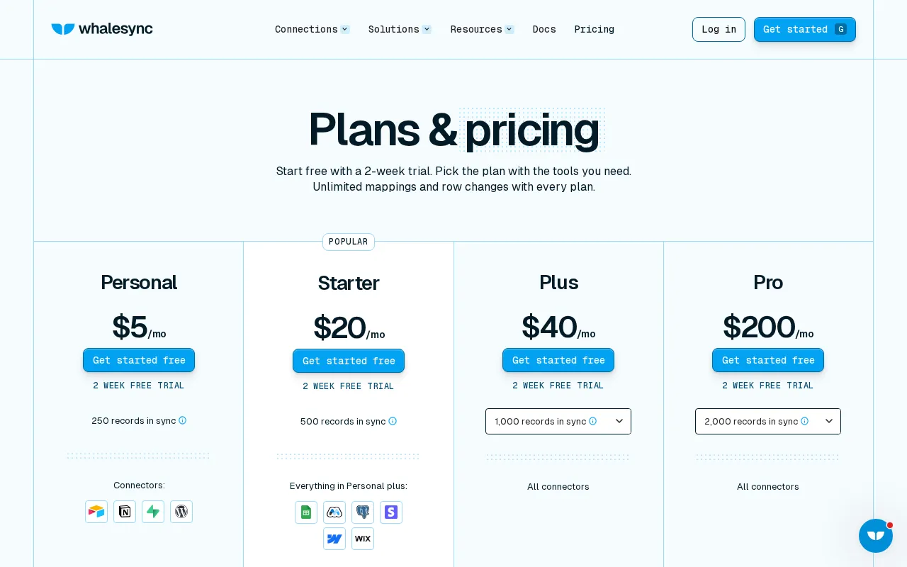 Whalesync — pricing page