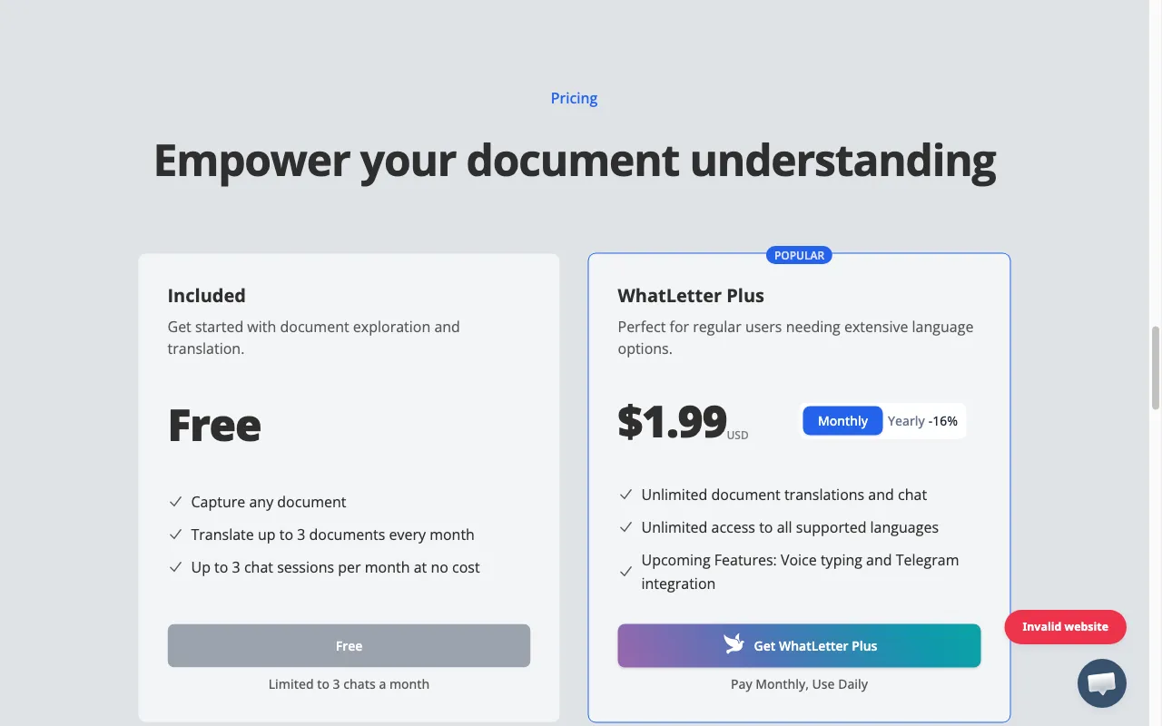 WhatLetter — pricing page