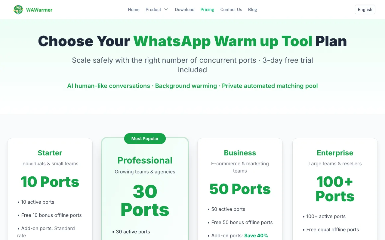 WAWarmer — pricing page