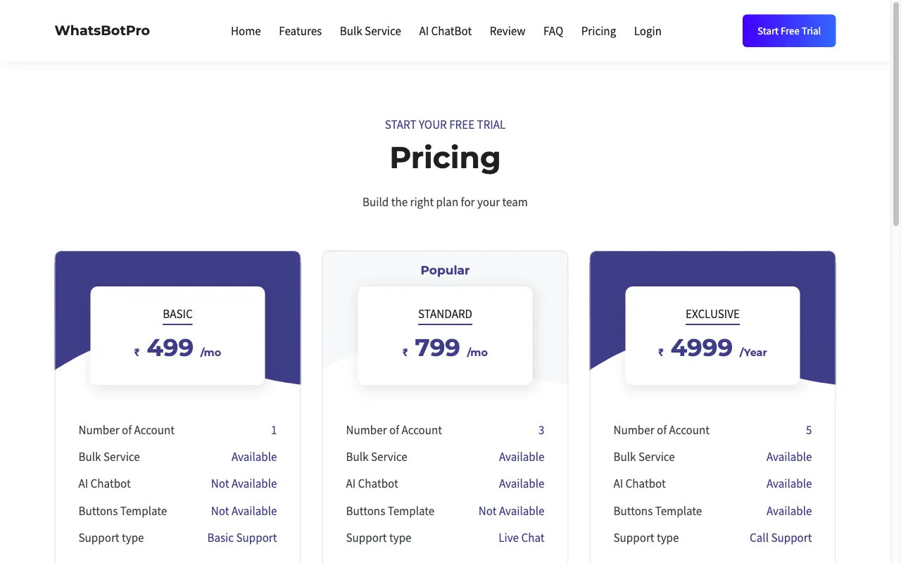 WhatsBotPro — pricing page