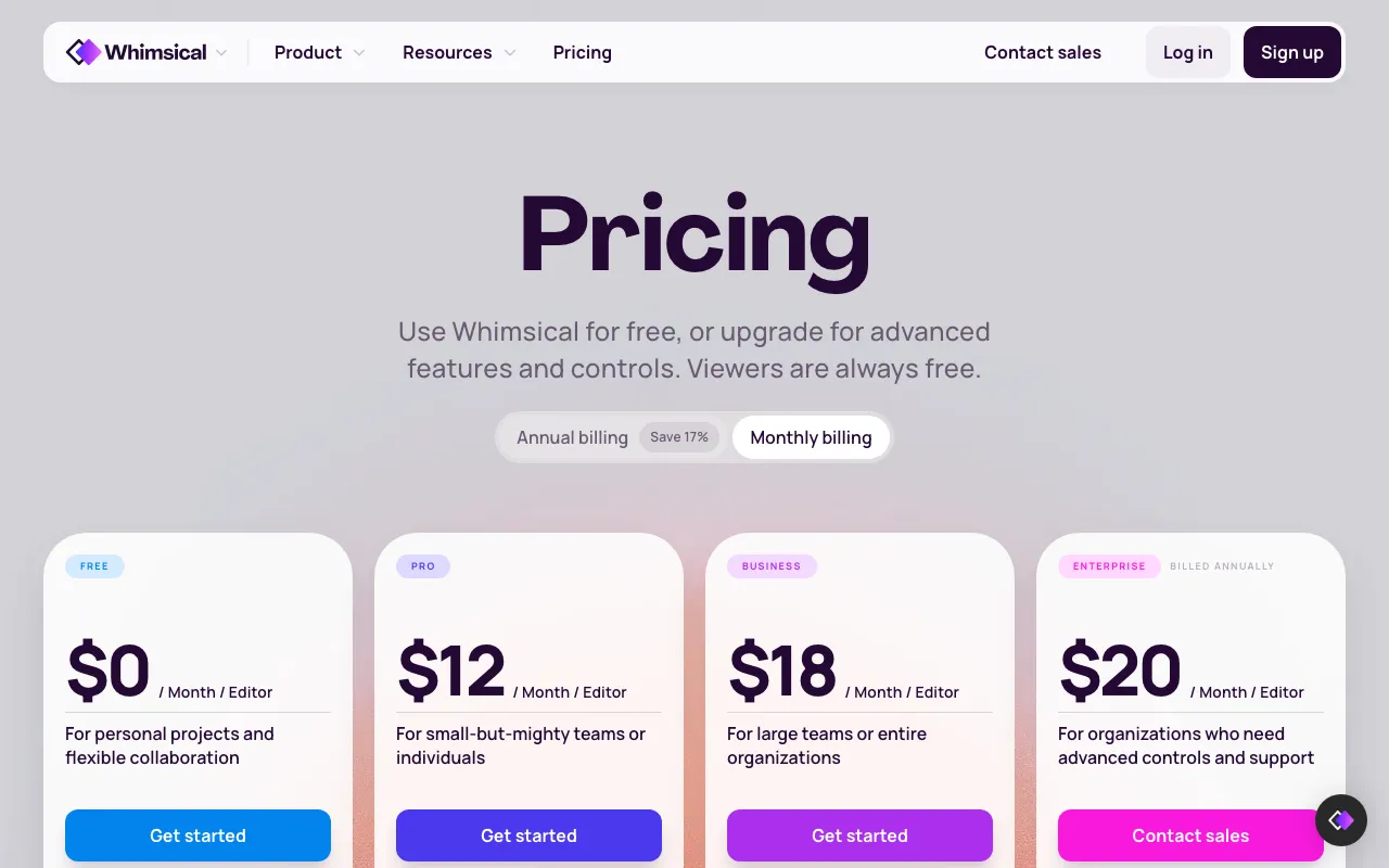 Whimsical — pricing page