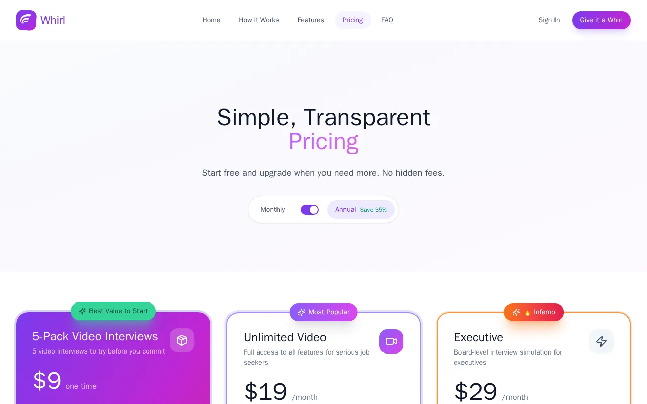 Whirl AI Job Interview Practice — pricing page