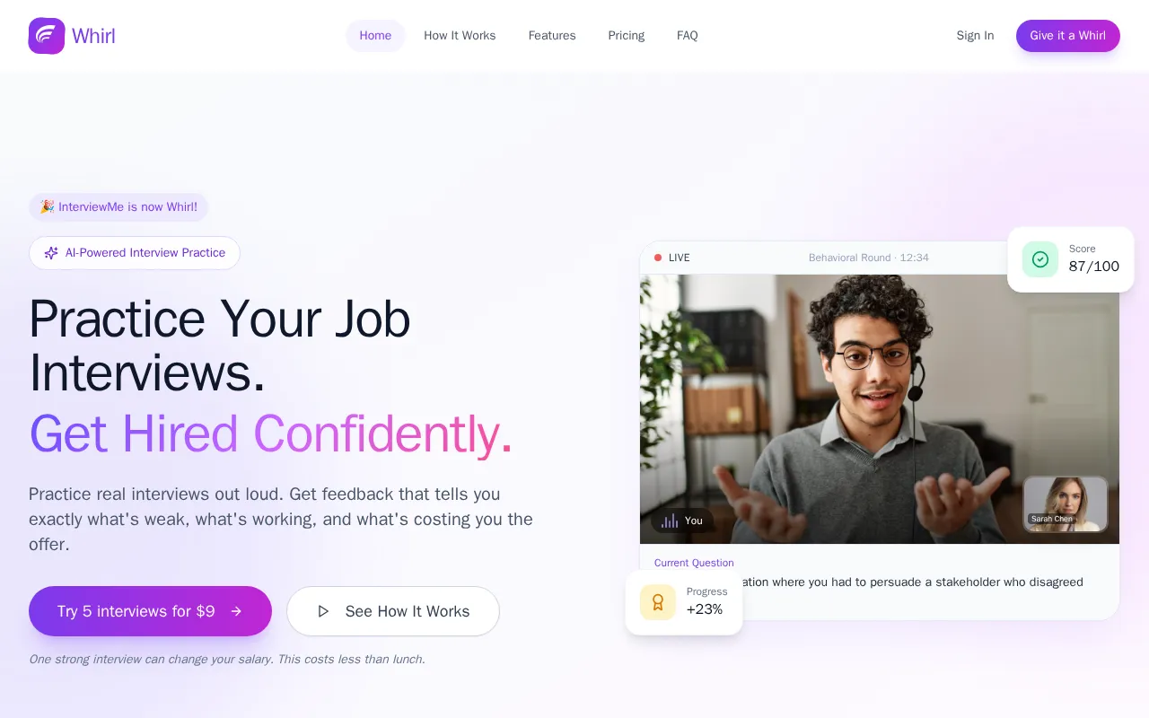 Whirl AI Job Interview Practice — preview screenshot