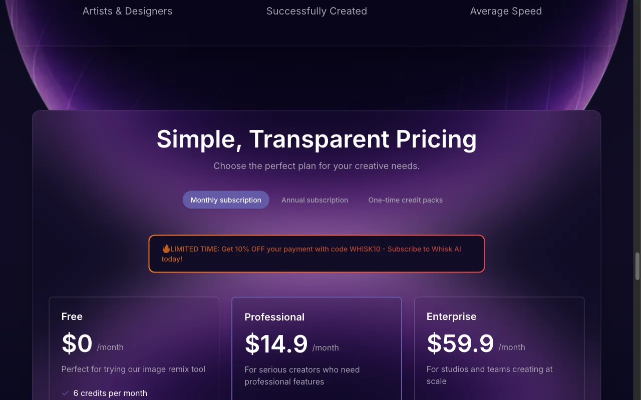 Whisk AI — pricing page
