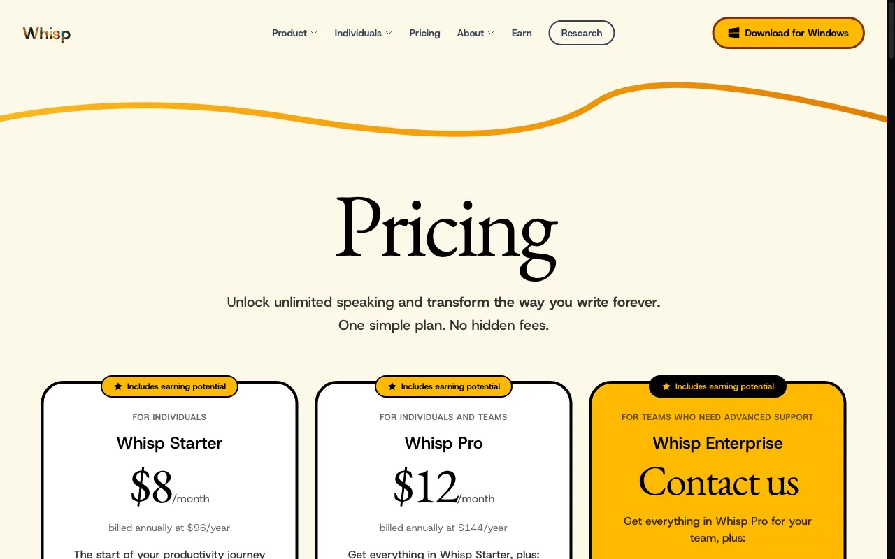 Whisp — pricing page
