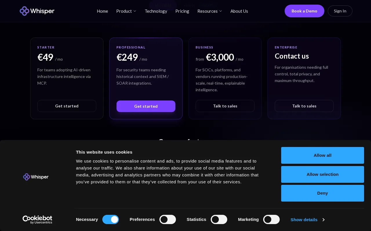 Whisper Internet Infra AI Context — pricing page