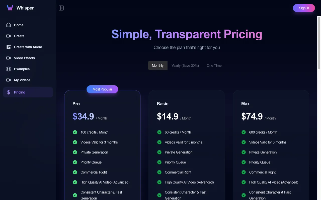 Whisper Thunder — pricing page