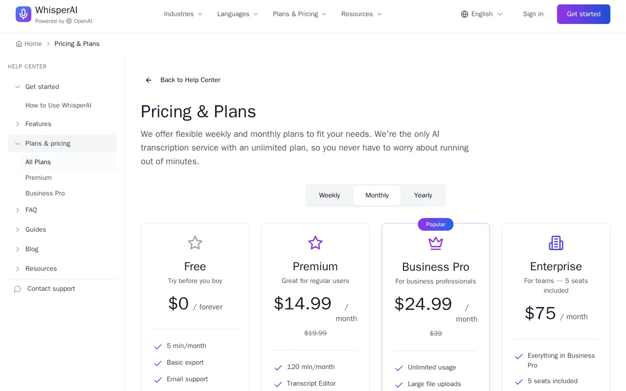 Whisperai — pricing page