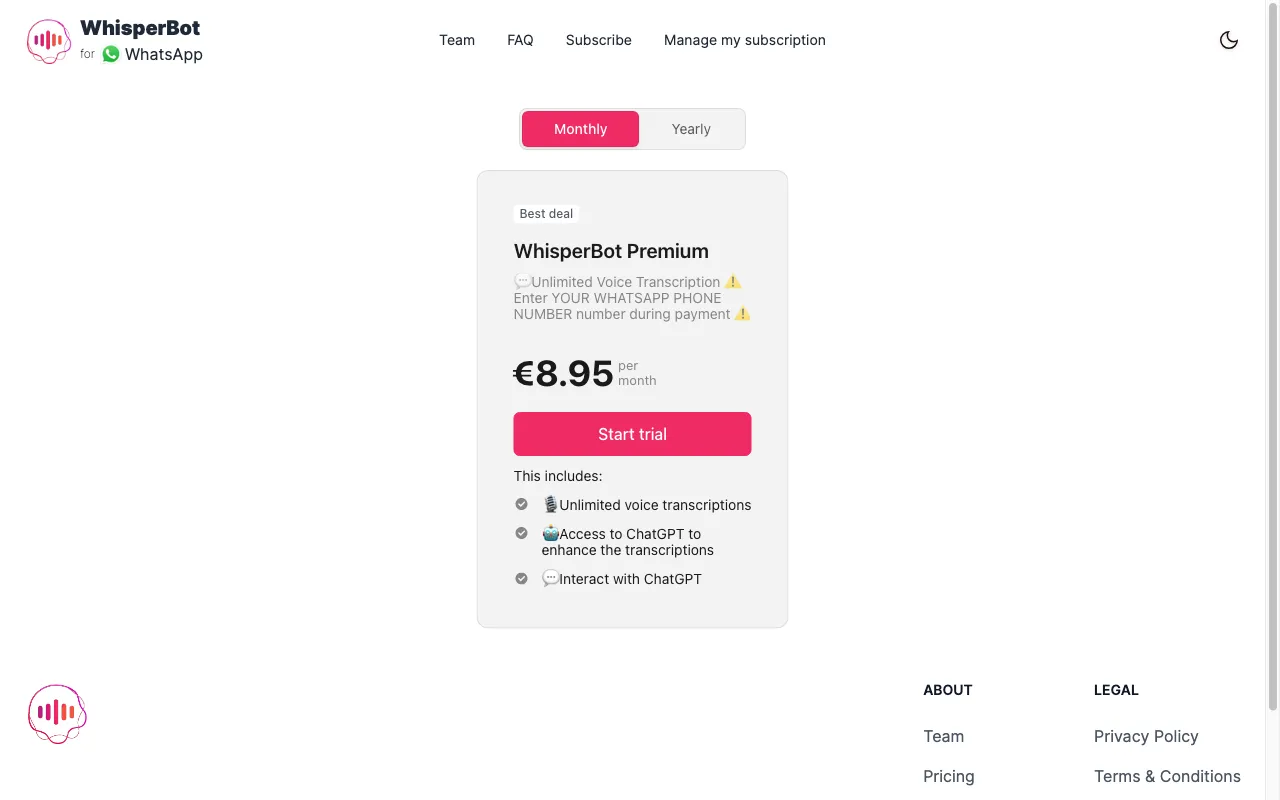 WhisperBot — pricing page