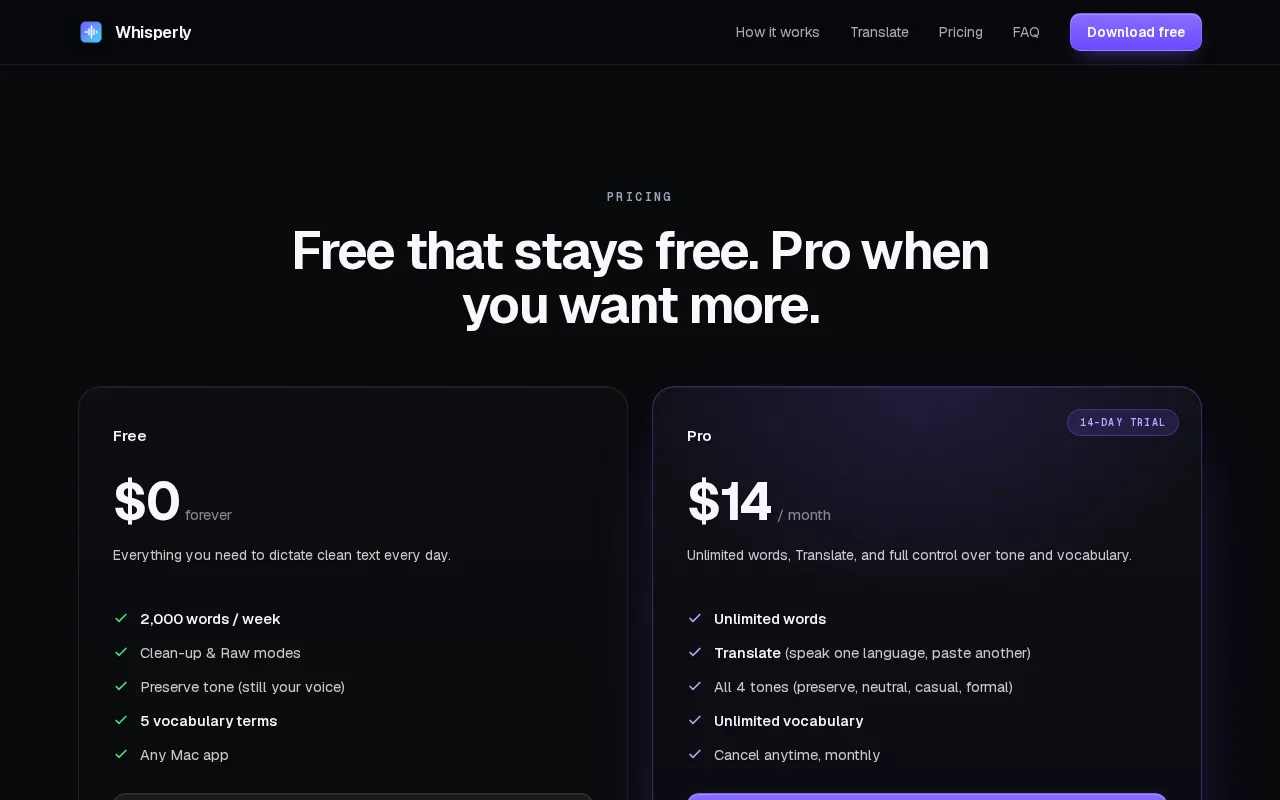 Whisperly — pricing page