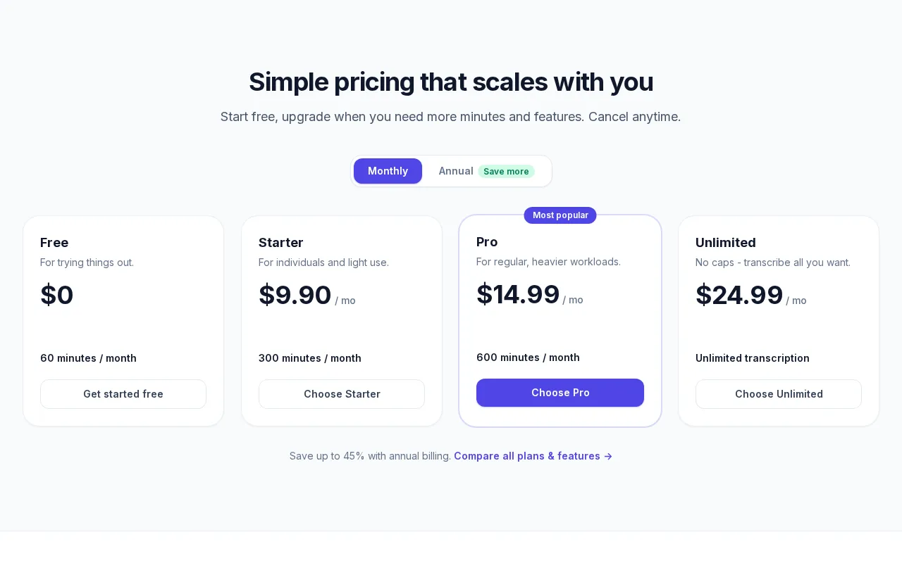 WhisperScribe.ai — pricing page