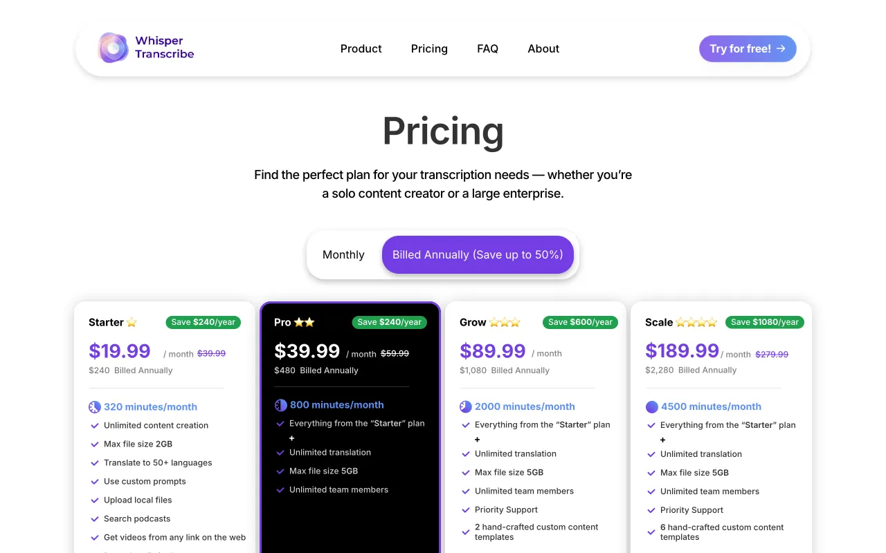 WhisperTranscribe — pricing page