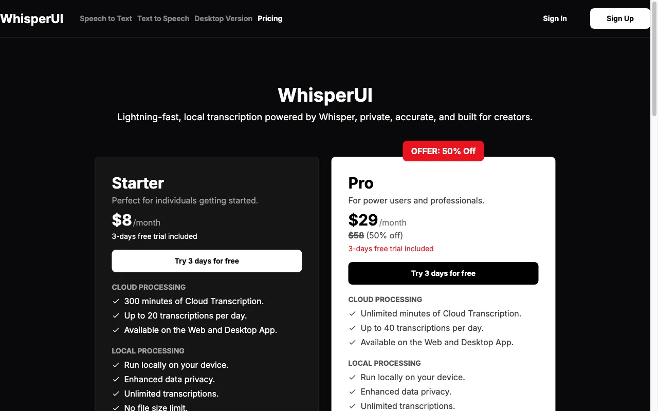 WhisperUI — pricing page
