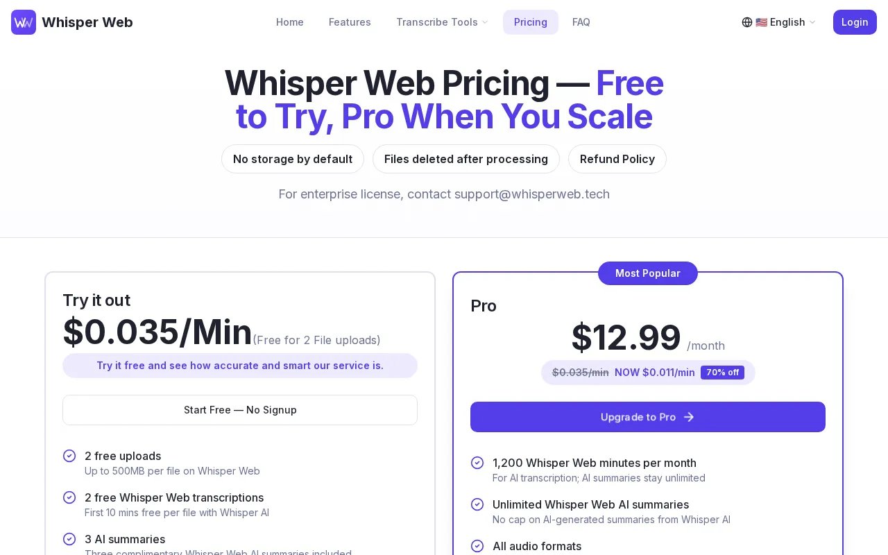 Whisper Web — pricing page