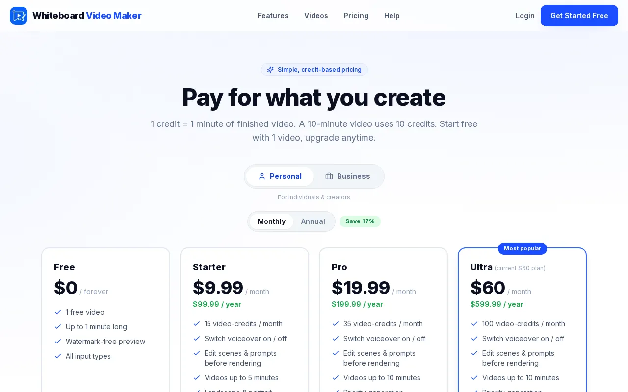 Whiteboard Video Maker — pricing page
