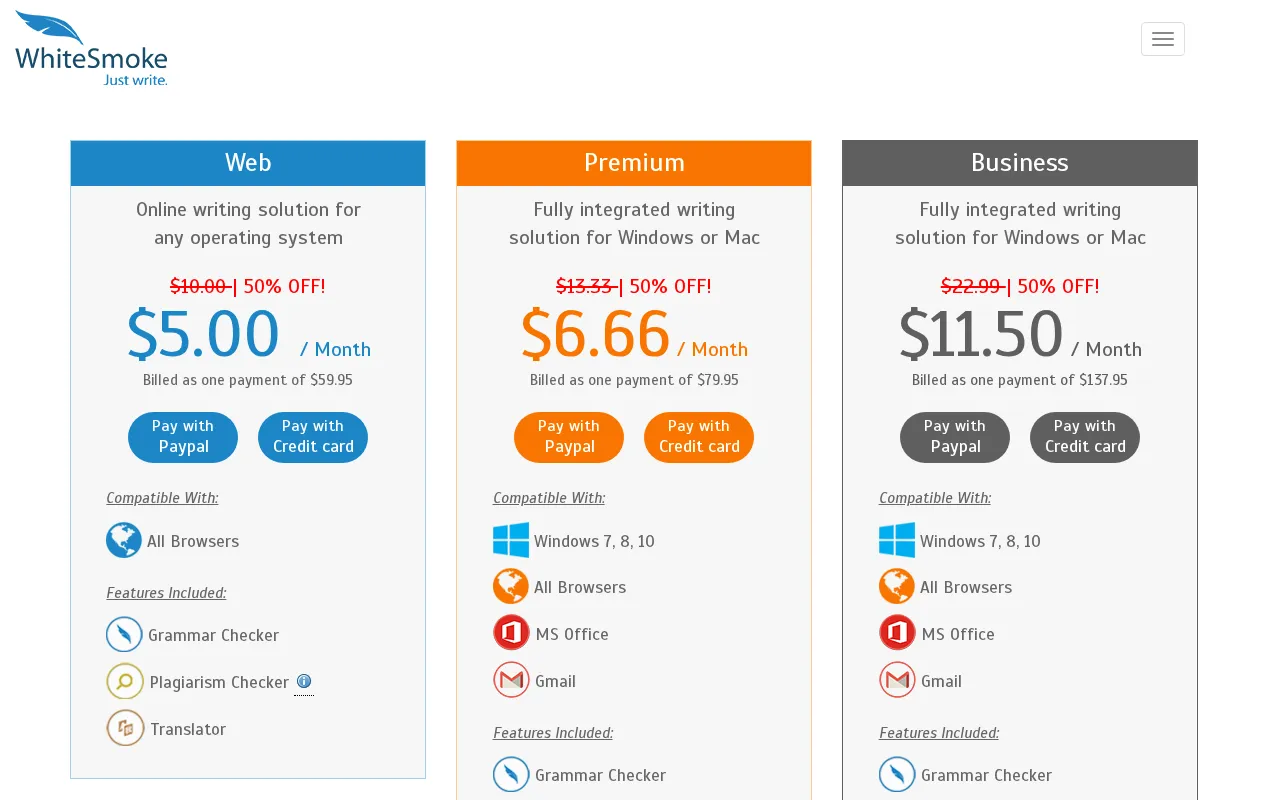 WhiteSmoke — pricing page