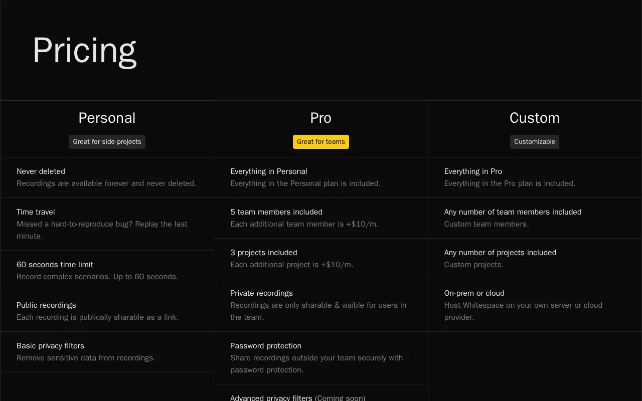 Whitespace — pricing page