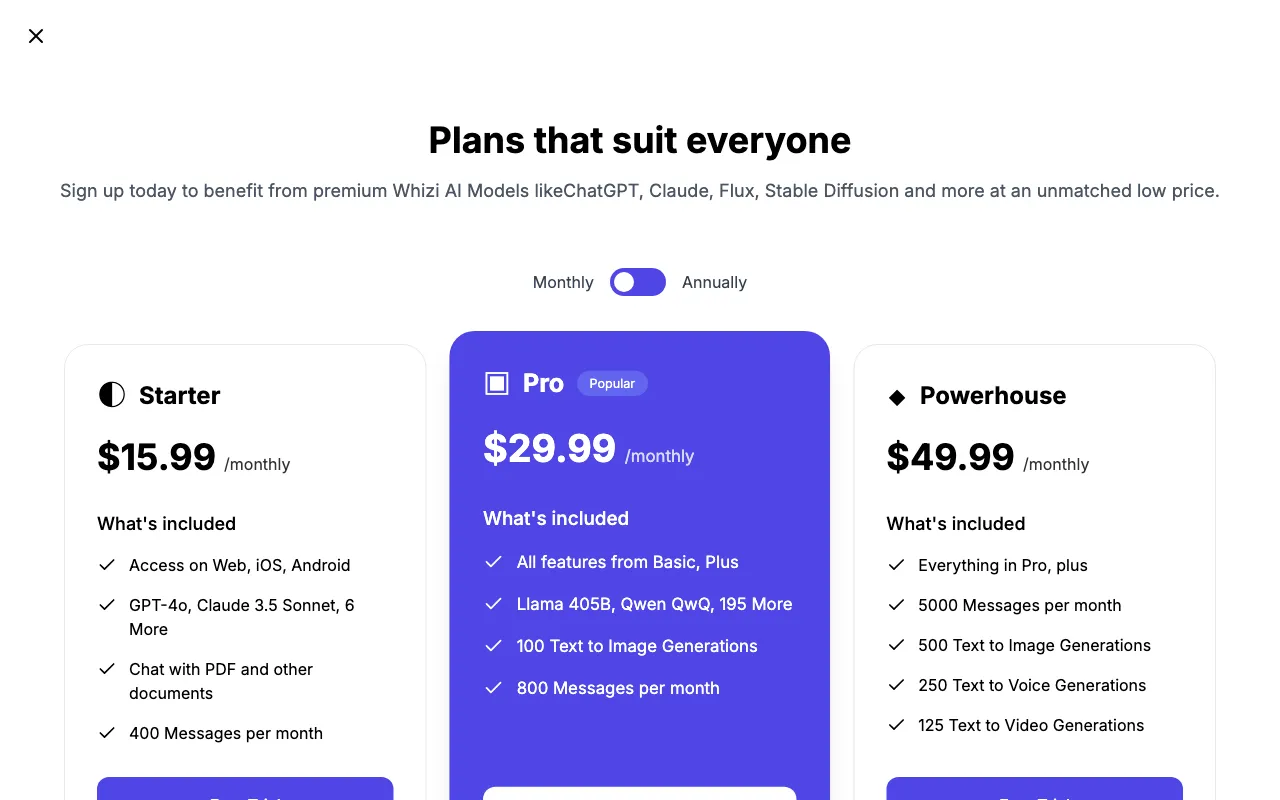 Whizi — pricing page