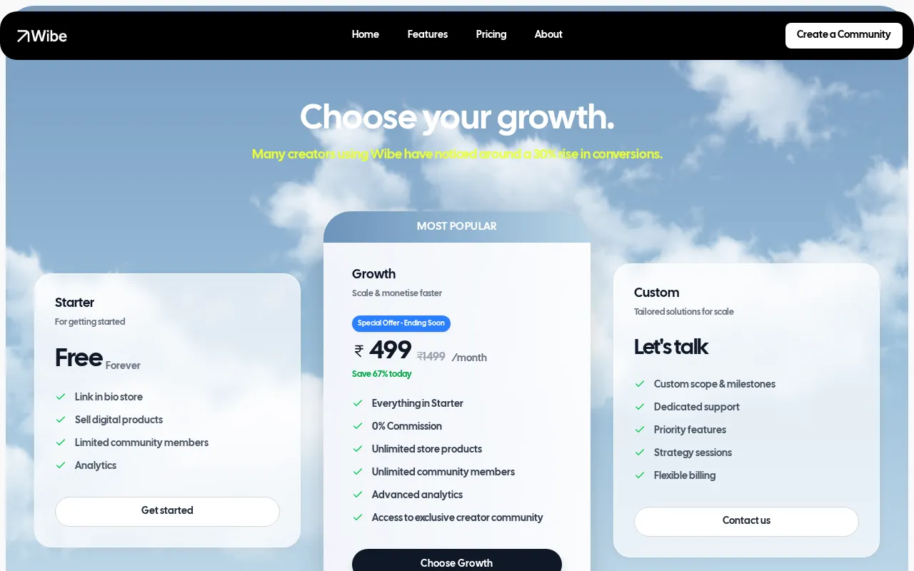 Wibe for creators — pricing page