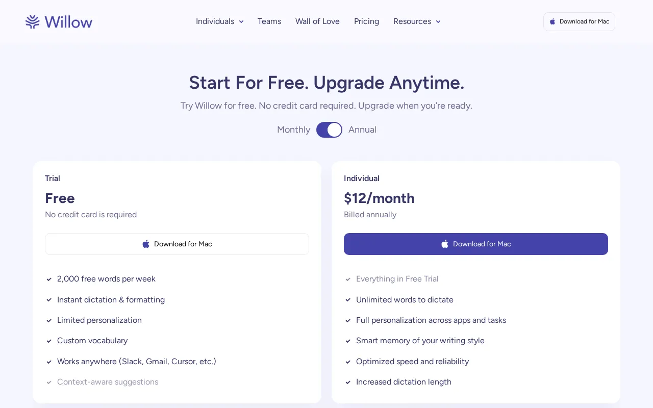Willow Voice — pricing page