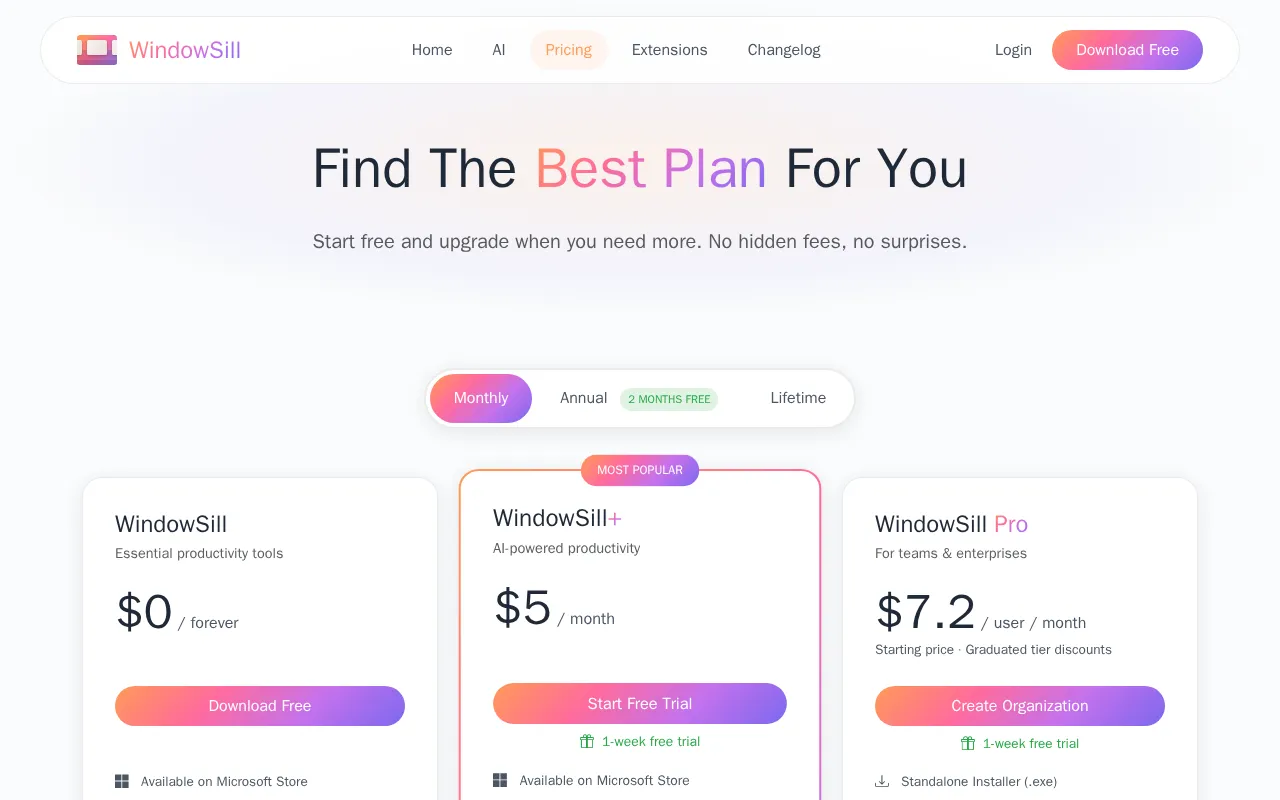 WindowSill — pricing page