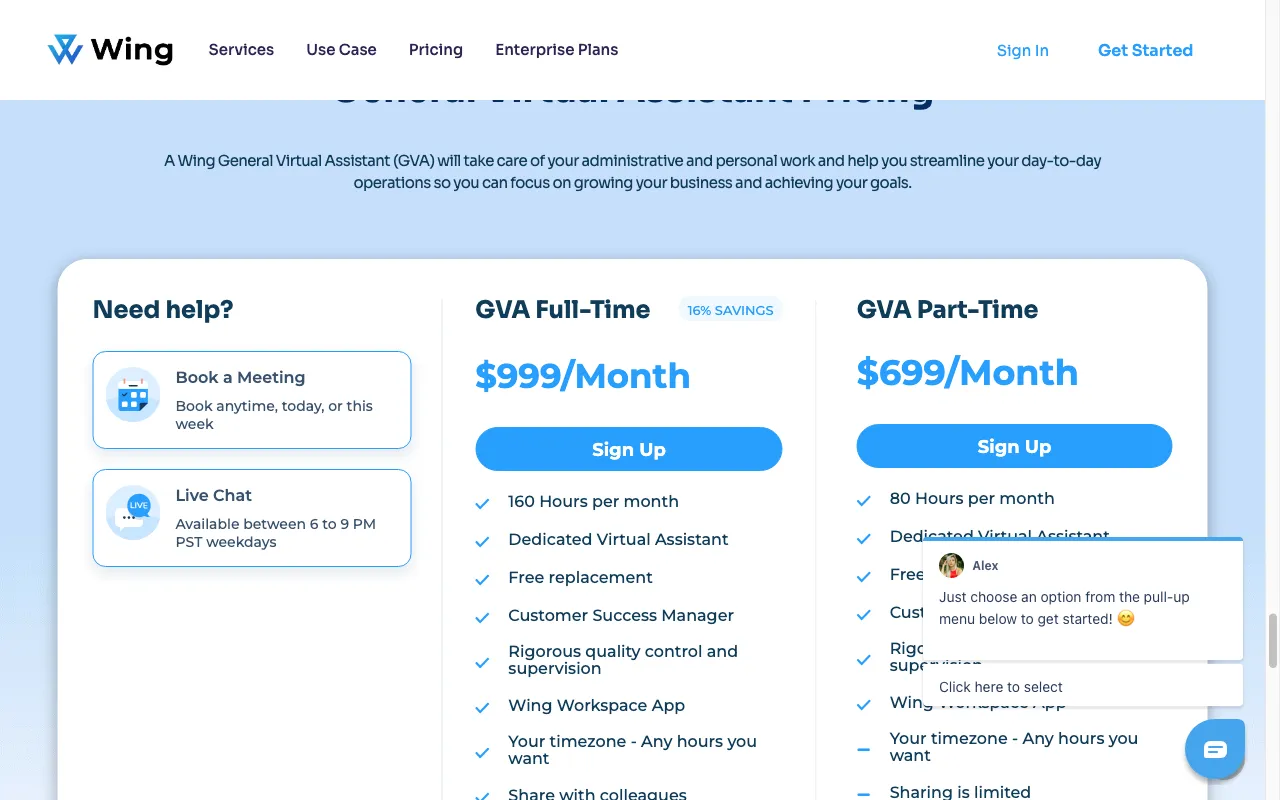 Wing Assistant — pricing page