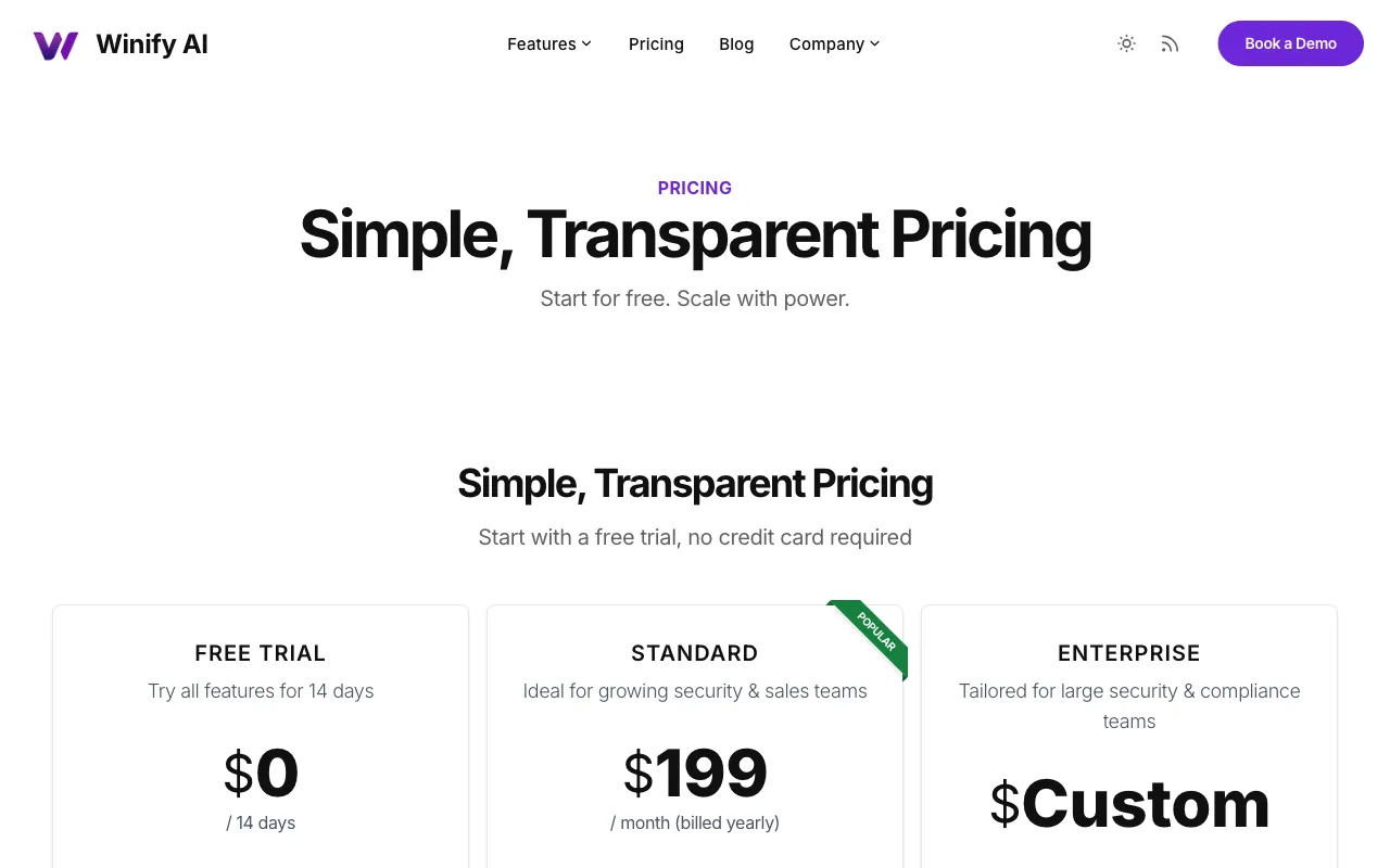WinifyAI — pricing page