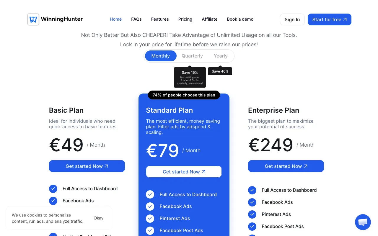WinningHunter — pricing page