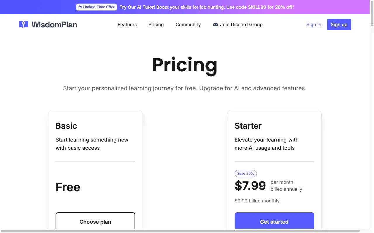 WisdomPlan — pricing page