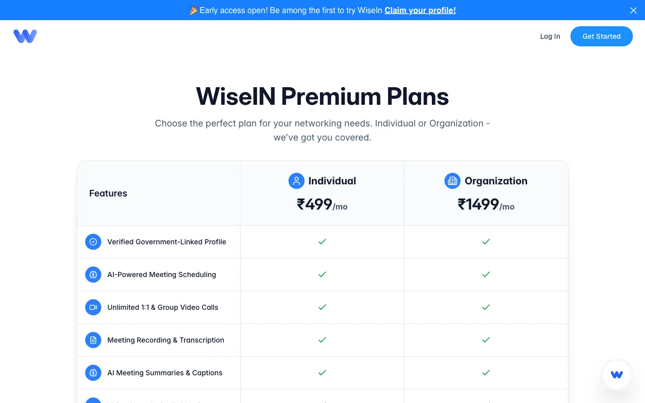 WiseIN — pricing page