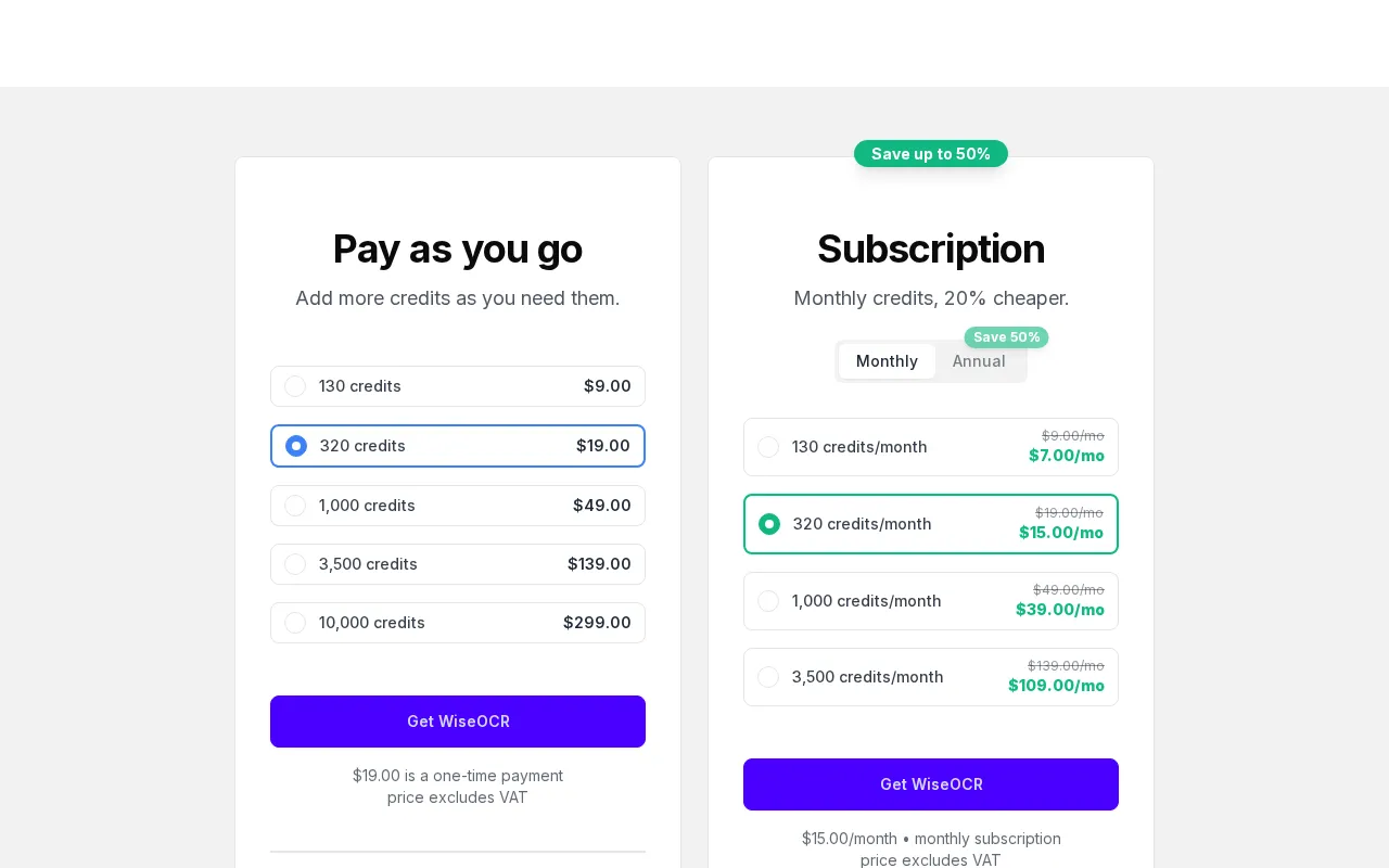 WiseOCR — pricing page