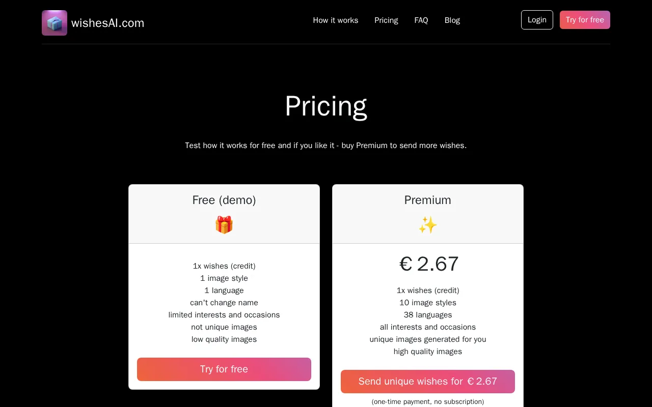 Wishes AI — pricing page