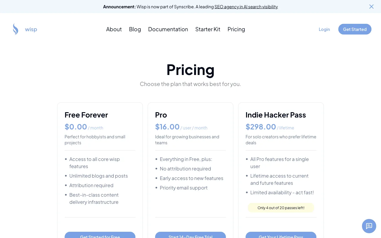 Wisp CMS — pricing page