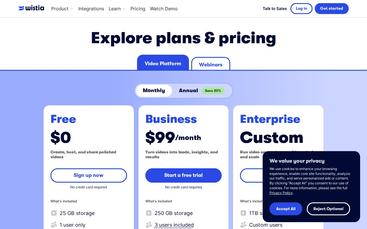 Wistia — pricing page