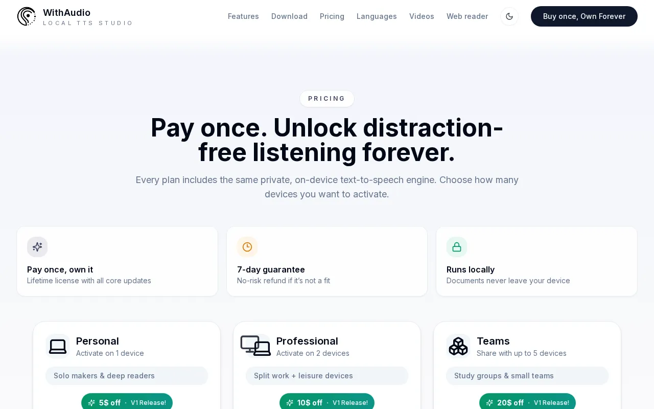 WithAudio — pricing page