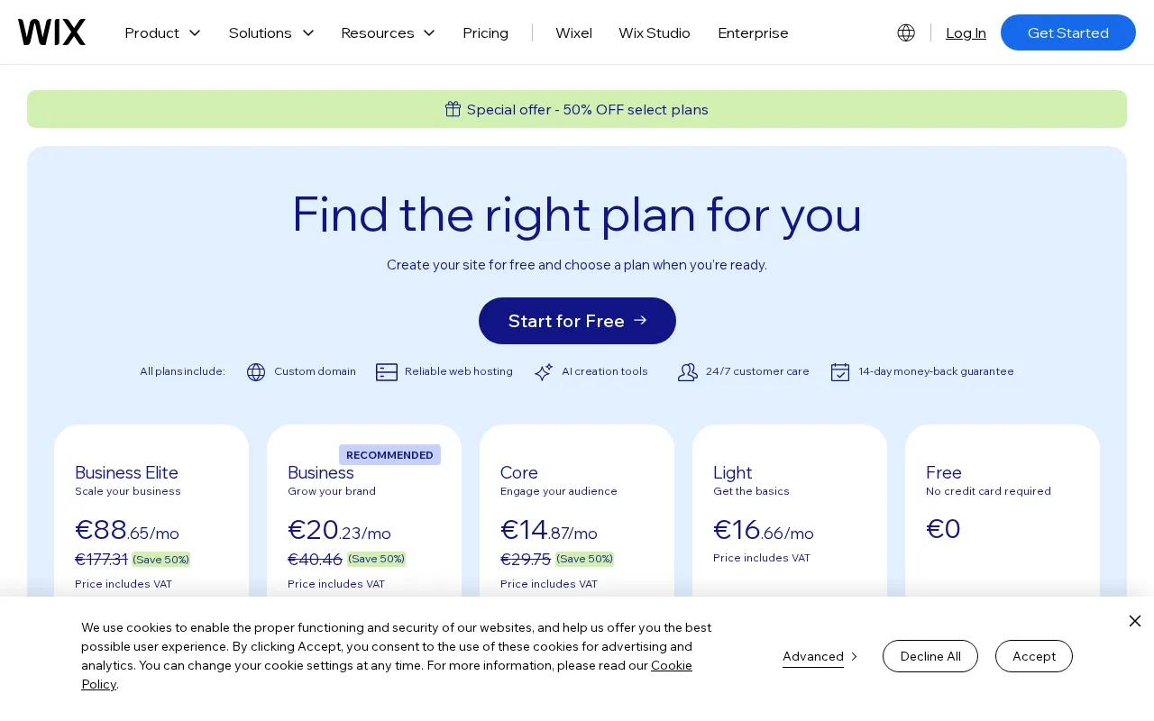 Wix — pricing page