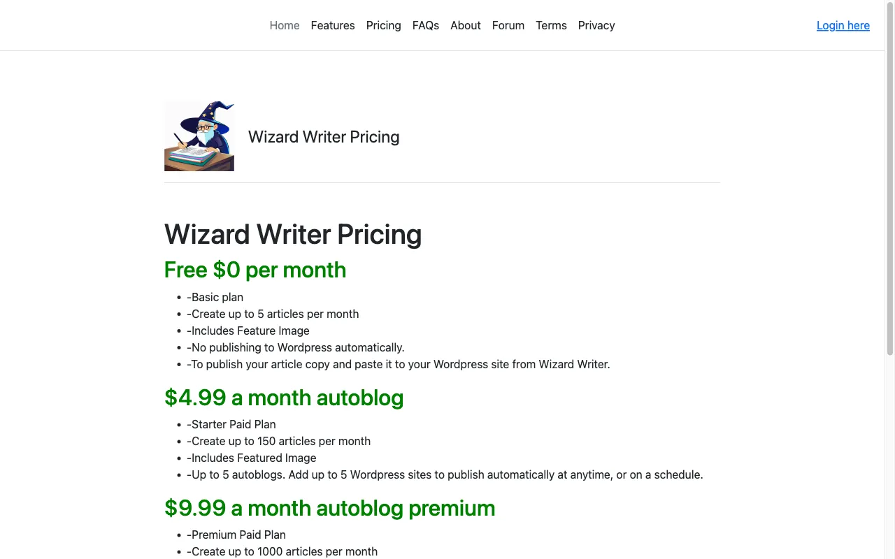 Wizard Writer — pricing page