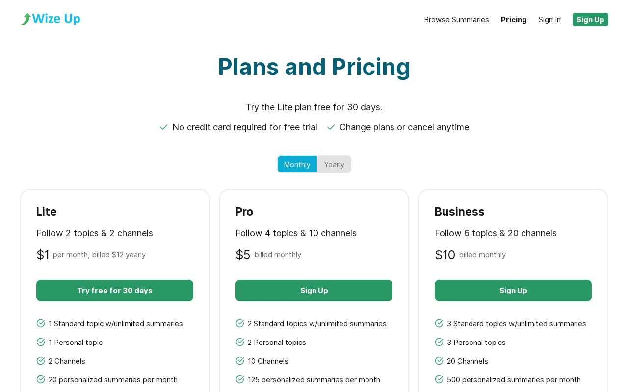Wize Up — pricing page