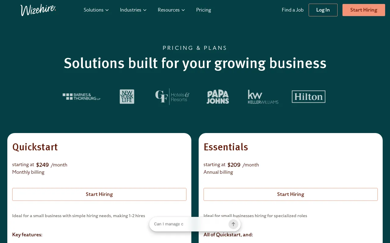 Wizehire — pricing page