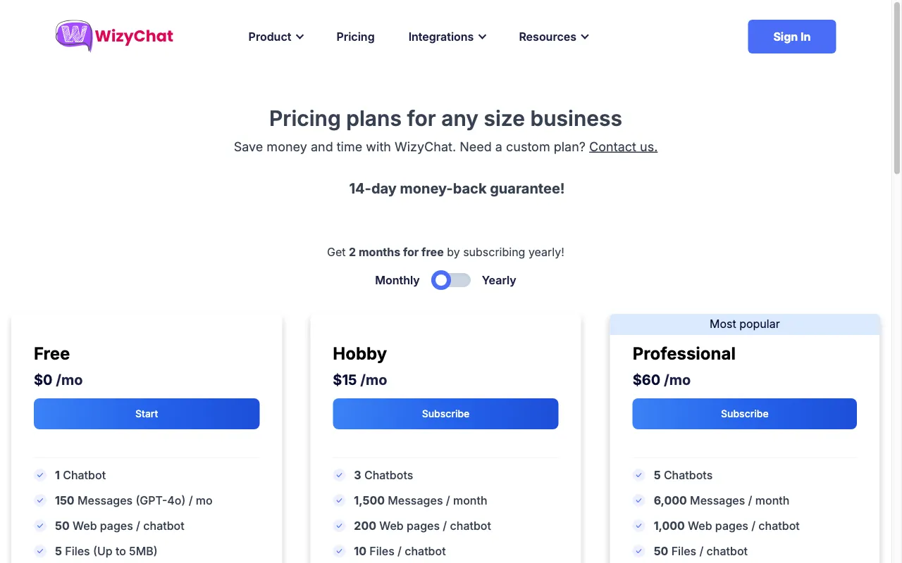 WizyChat — pricing page