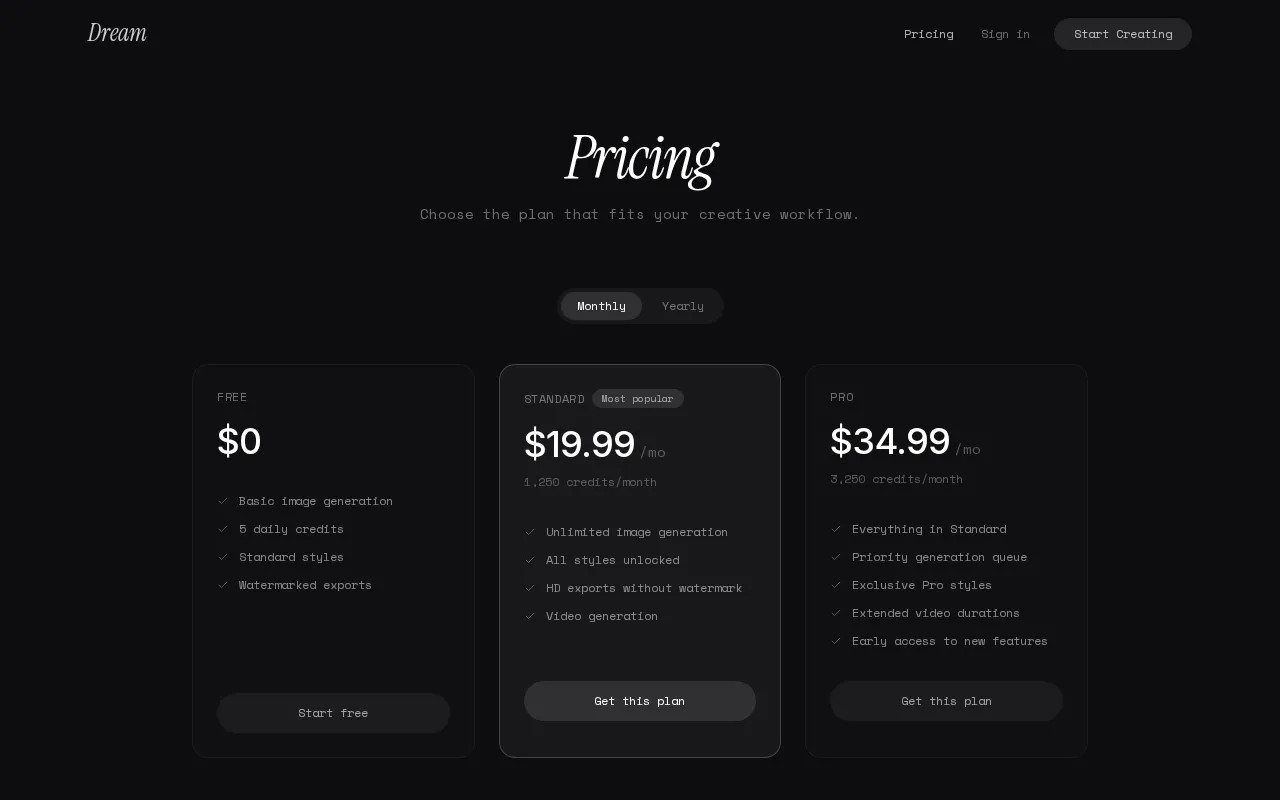 Dream by WOMBO — pricing page
