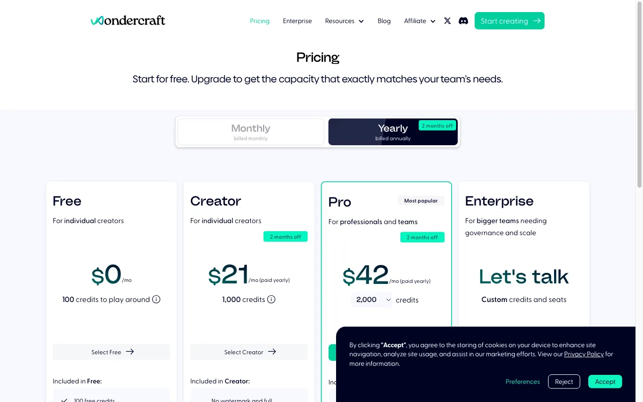 Wondercraft AI — pricing page
