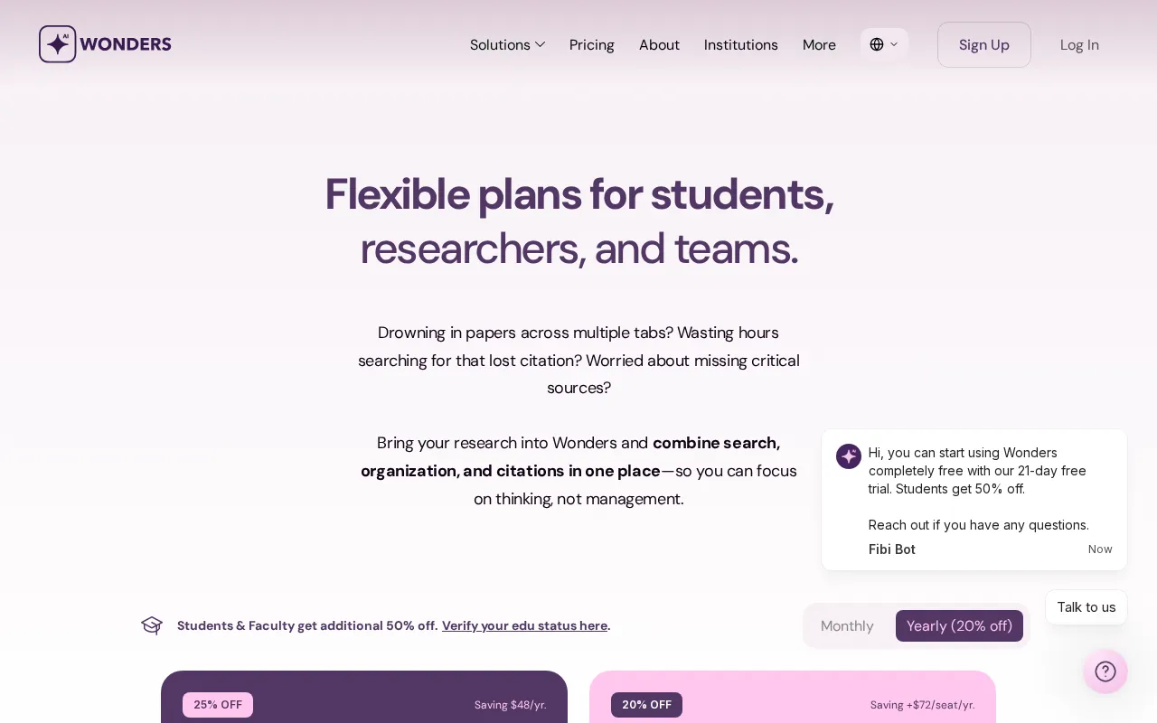 Wonders AI — pricing page