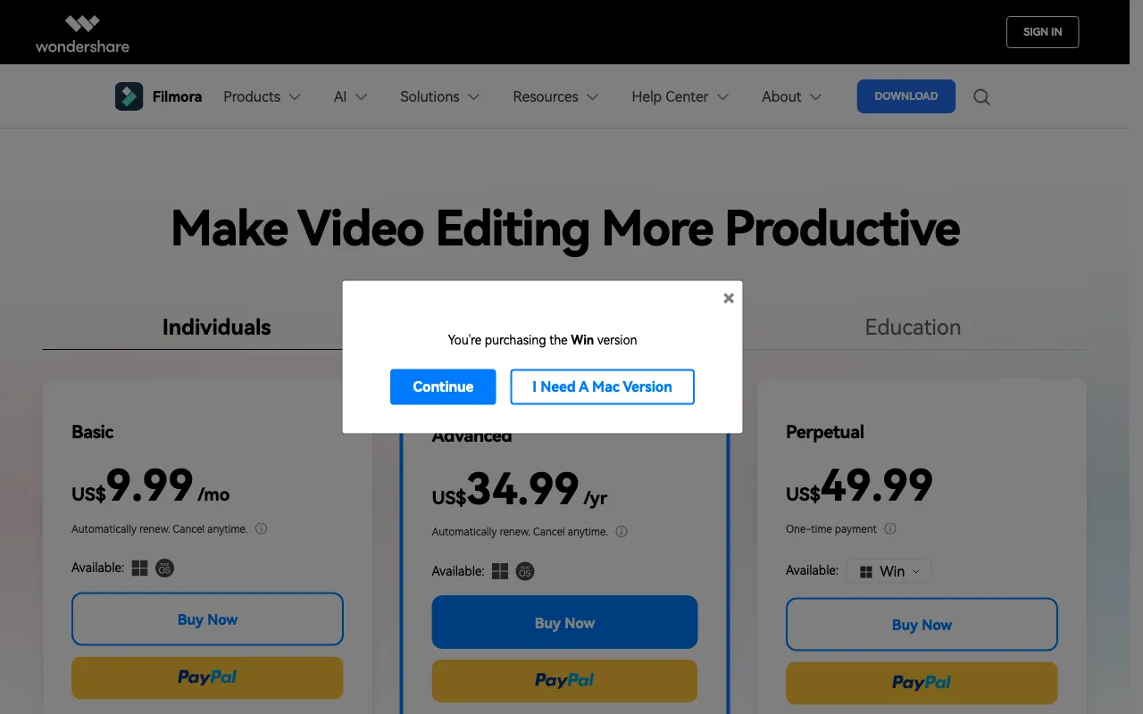Wondershare Filmora BR — pricing page