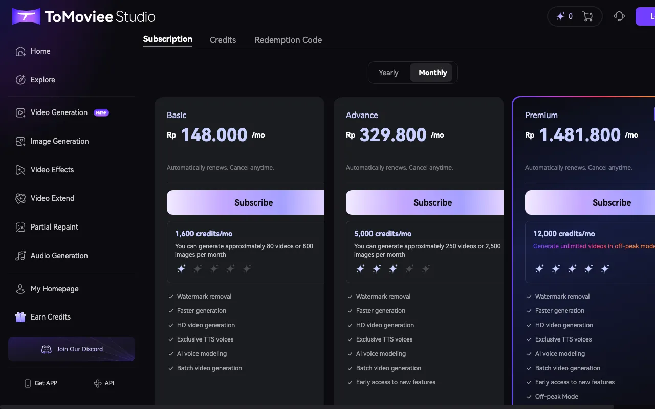 WonderShare ToMoviee AI — pricing page