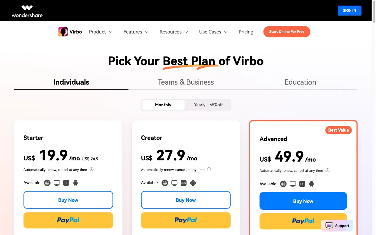 Wondershare VirtuLook — pricing page