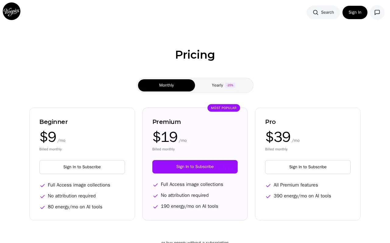 Woopicx — pricing page