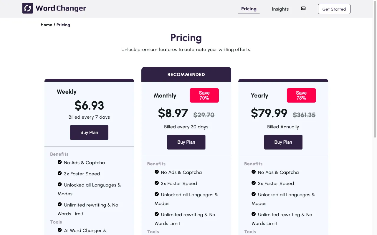 Word Changer — pricing page