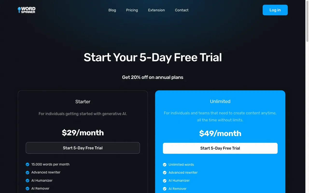 Word Spinner — pricing page