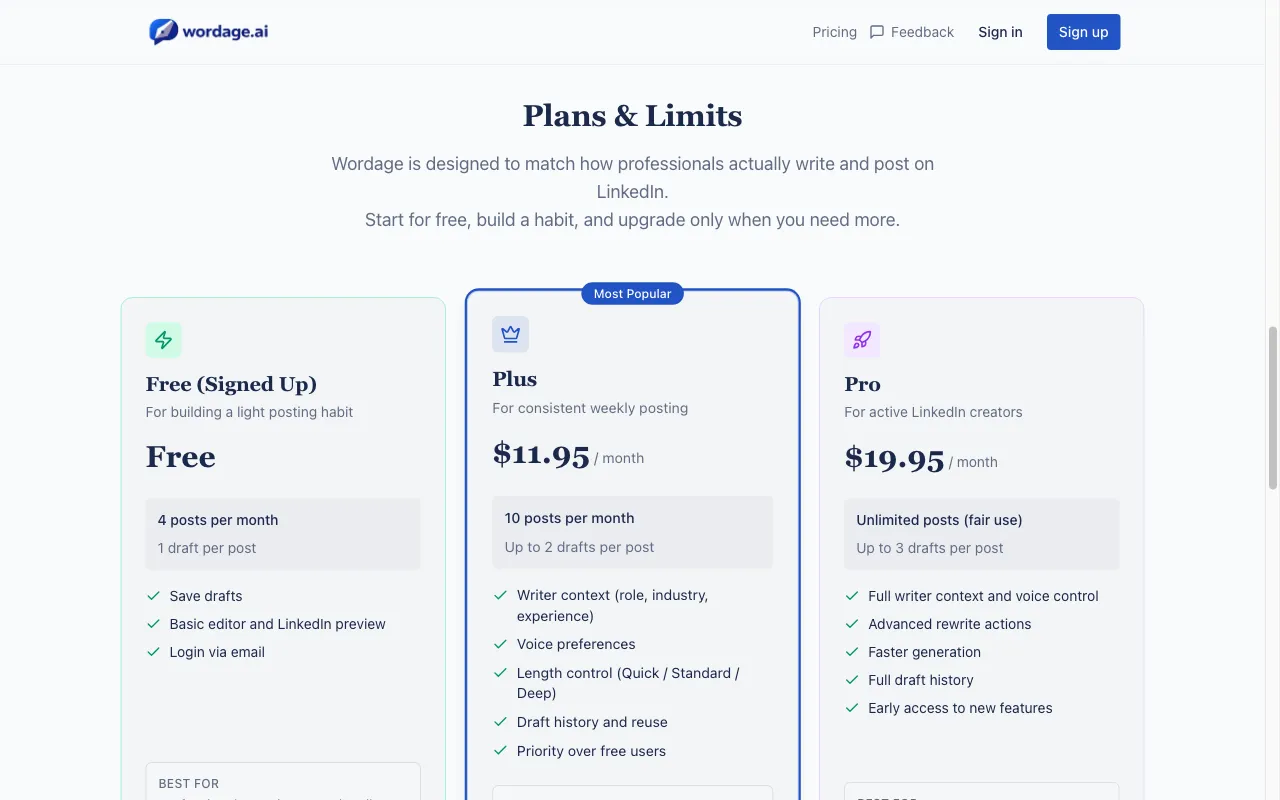 Wordage AI — pricing page
